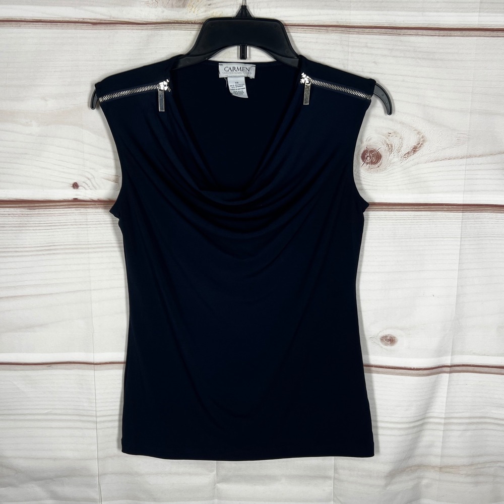 Carmen Marc Valvo Cowl Neck Blouse Women XS Blue Zipper Shoulder‎ Sleeveless Top